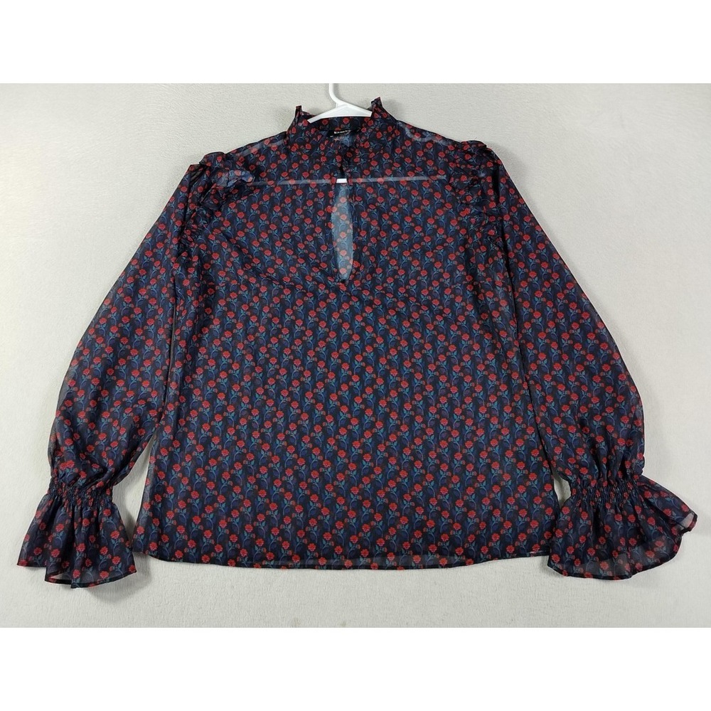 Bebe Blouse Womens Small Blue Floral Sheer Long Bell Sleeve Mock‎ Neck Ruffle